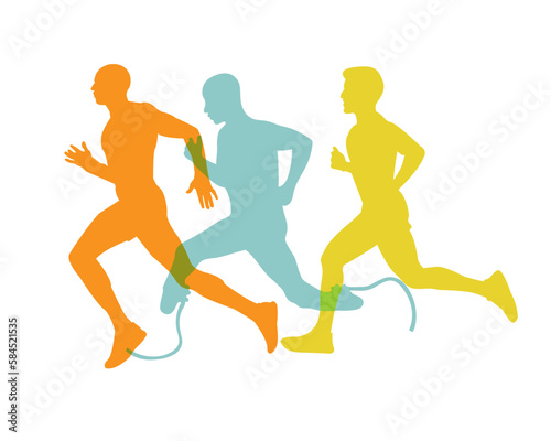 Running men. A man without a leg with a prosthetic limb running with the rest of the men. Silhouettes. Sports.