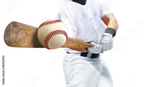 Baseball player hitting ball with bat in close up photo