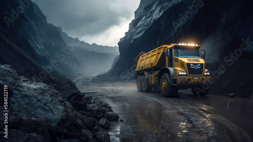 Giant modern dump truck working in a quarry at night. Generative AI