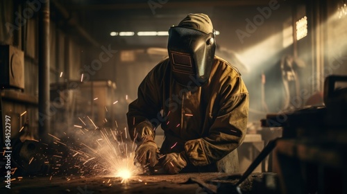 Worker welder with protective mask welding metal, sunlight spark hot metal. Industry weld industrial factory, GENERATIVE AI