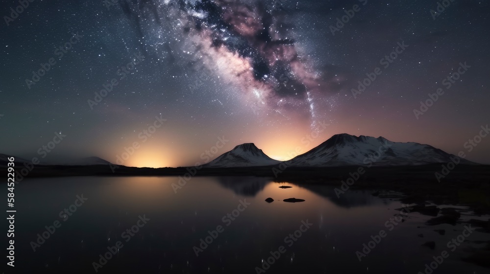 Stunning Long Exposure Night Photography of Milky Way and Lake at Mountain - Experience the Beauty of Universe with this Breathtaking Landscape Shot, generative ai