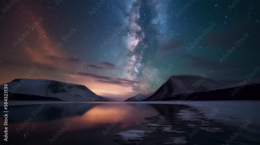 Fototapeta premium Stunning Long Exposure Night Photography of Milky Way and Lake at Mountain - Experience the Beauty of Universe with this Breathtaking Landscape Shot, generative ai