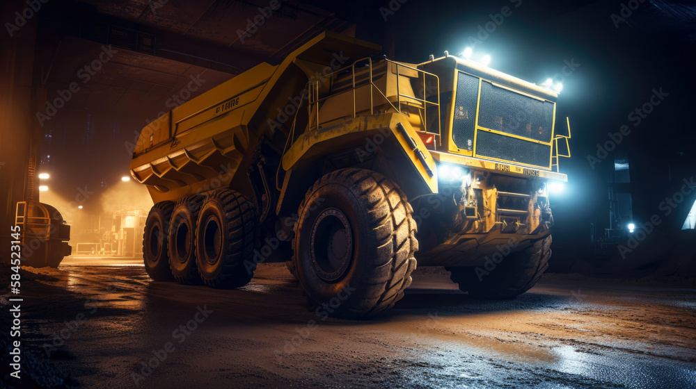 Giant futuristic modern dump truck working in a quarry at night. Generative AI