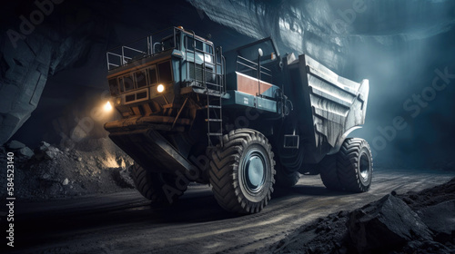 Giant futuristic modern dump truck working in a quarry at night. Generative AI