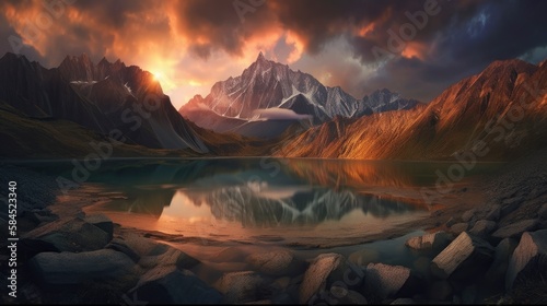 Stunning Sunset and Sunrise over Snowy Mountains Photography and Lake - Experience the Beauty of Universe with this Breathtaking Landscape Shot, generative ai