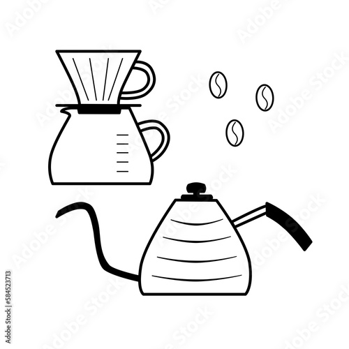 Set brewer pour over coffee with dripper, jug, kettle.