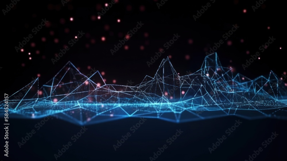 abstract background with line wave connection link internet, digital technology network concept wallpaper, red blue dark base gradient spectrum shooting stars short, generative ai
