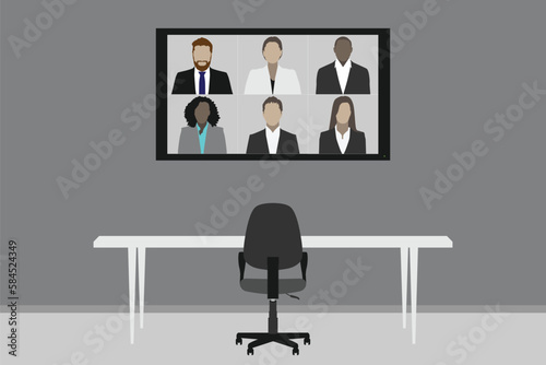 Empty meeting room with one seat video conference on TV screen - Work from home concept