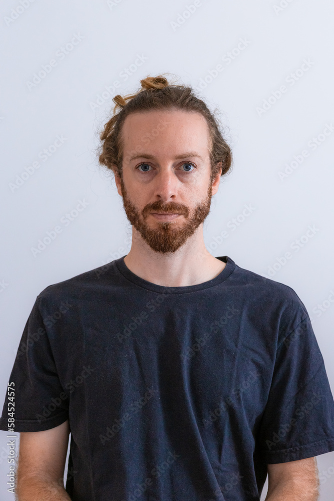 Obraz premium Blond long hair white man wearing black t shirt on white background
