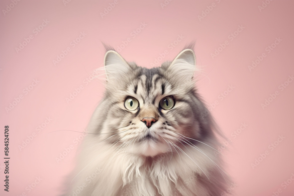 Portrait cute serious siberian cat looking at camera on pink background. Generative AI Portrait cute serious siberian cat looking at camera on pink background. Generative AI