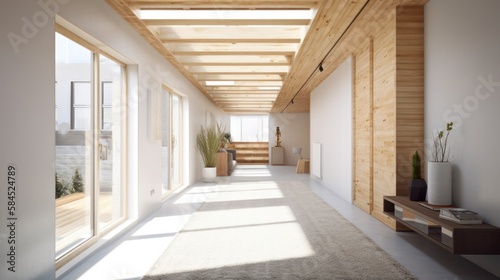 home interior design with corridor area natraual skylight daytime and wooden decoration clean clear space interior design concept, image ai generate © VERTEX SPACE