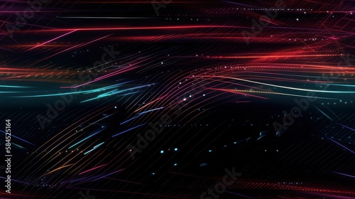 abstract background with line wave, digital technology network concept wallpaper, red blue dark base gradient spectrum shooting stars short, generative ai