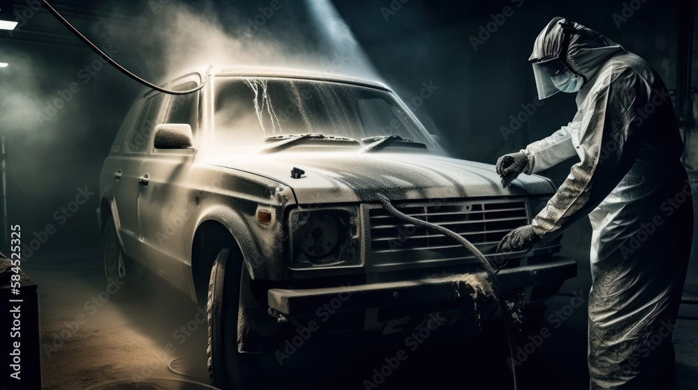 Auto painter varnishing a car body part in a painting booth. Repairman