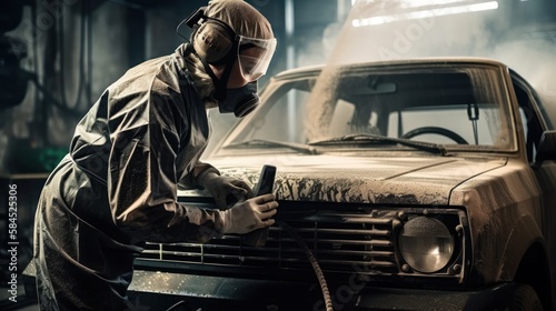 Close-up, hand of repairman painting car body elements in the paint chamber, GENERATIVE AI