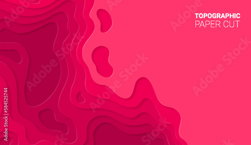 Red multi layers soft texture 3D paper cut topography relief banner. Papercut texture with gradient topographic background, curved layers and elevation contour vector illustration