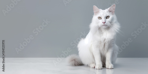 A beautiful white turkish angora cat with different color eyes sitting on grey floor with copy space. Generative AI