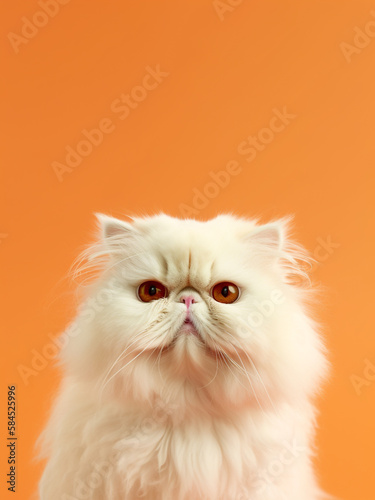 Portrait of serious persia cat looking at camera on orange background. Generative AI