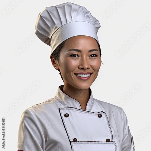 human female wearing a chef outfi tin a white background portrait beautiful smile charming lady illustration photo