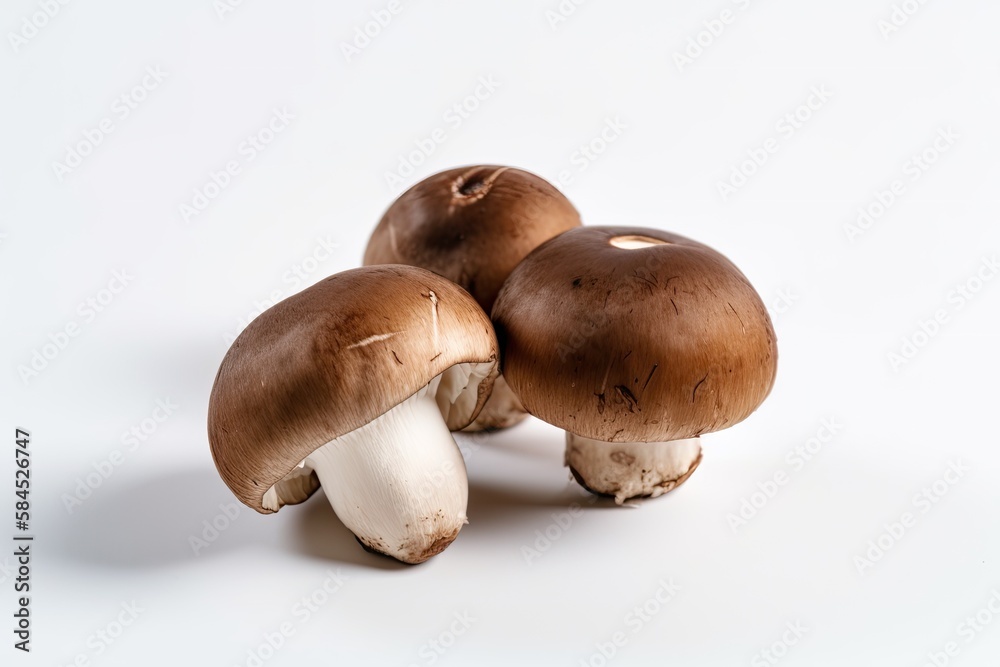 Closeup of Shiitake Mushrooms on a white background. Created by Generative AI technology.