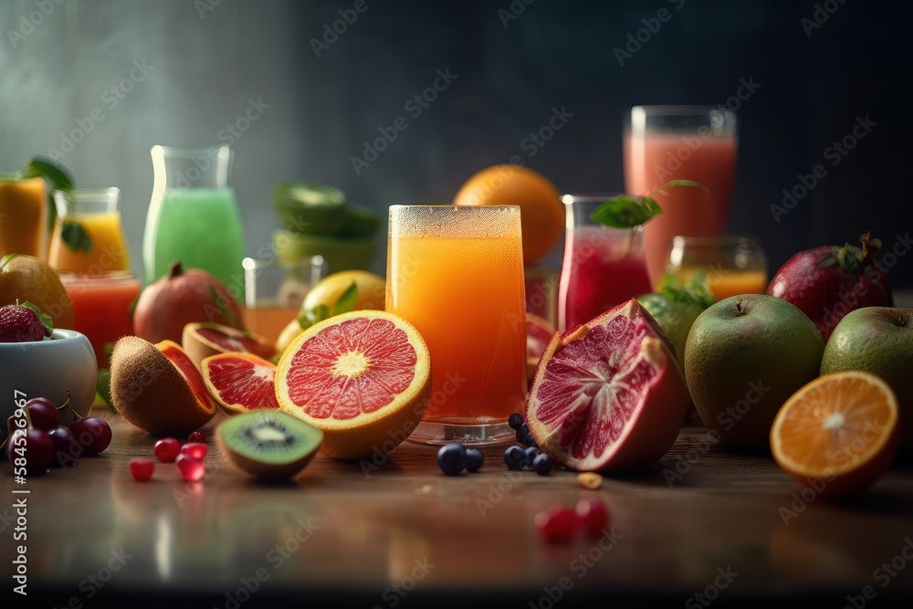 Fresh fruits juice on amazing light background, Healthy beverage rich in vitamins. Created Generative Ai