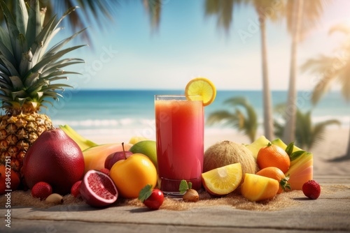 Fresh fruits juice on sea and beach background, Healthy summer beverage rich in vitamins. Created Generative Ai