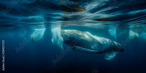 Plastic ocean pollution. Whale Shark filter feeds in polluted ocean, ingesting plastic. Generative AI.