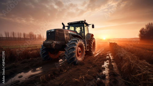 Modern tractor working in the field at sunset. Generative AI