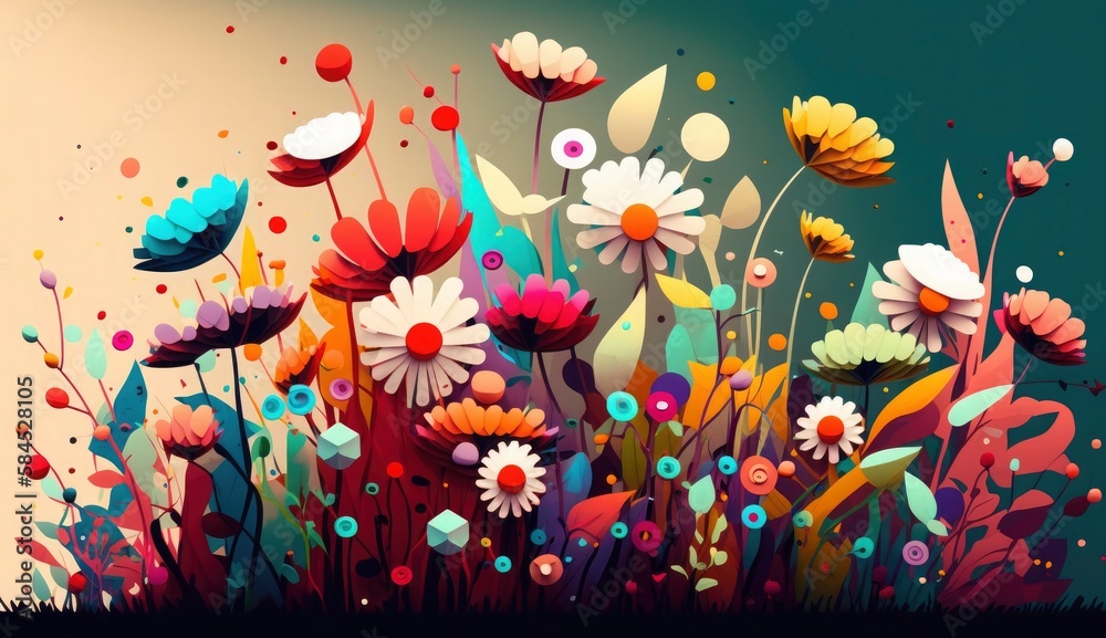Colorful abstract flower meadow as panorama background. Generative AI.