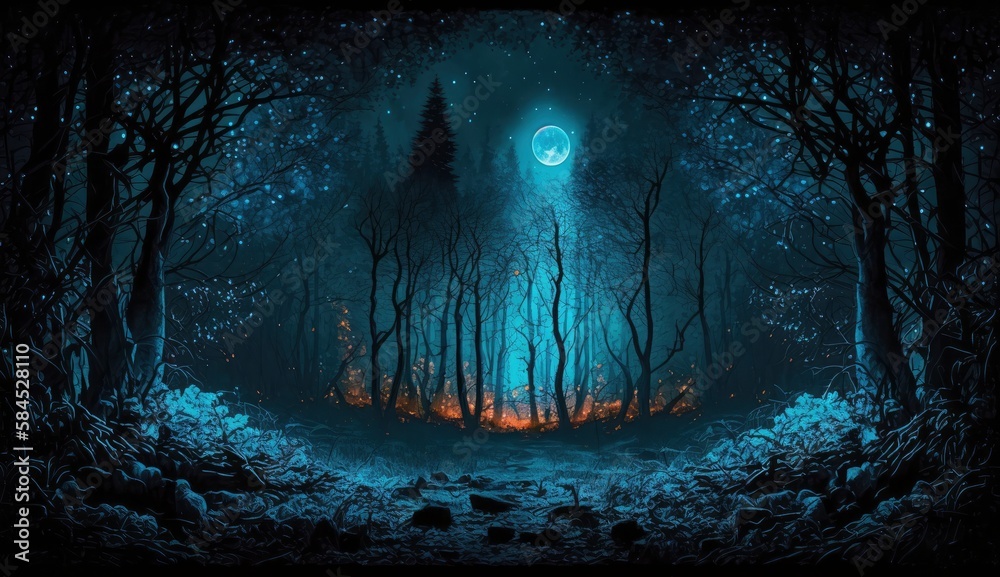 Mystical forest scene at night as digital art, Generate Ai