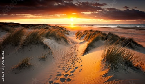 Beautiful dunes beach at sunset, North Sea, Generate Ai