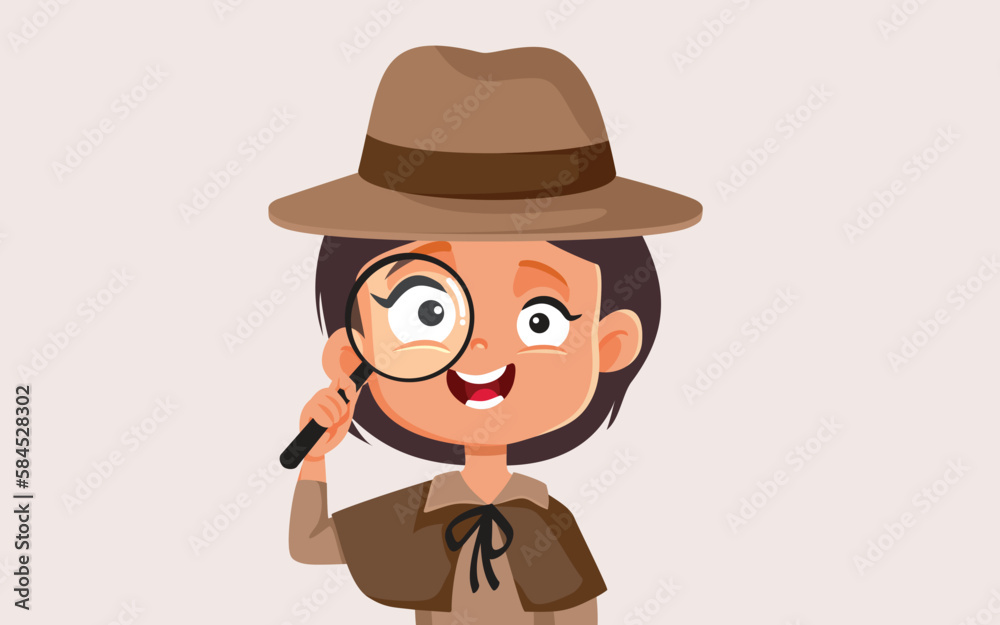 Detective Little Girl Holding a Magnifying Glass Toot Vector Cartoon. Happy cheerful kid playing dress up in private inspector costume
