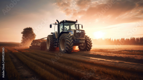 Modern tractor working in t...