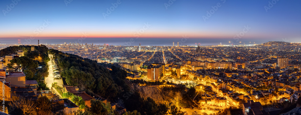 Panorama of Barcelona in Spain before sunrise