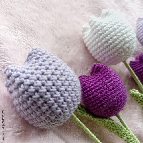 purple crochet tulips,.crochet flower bouquet, beautiful handmade gift made of cotton yarn. © Octopus16
