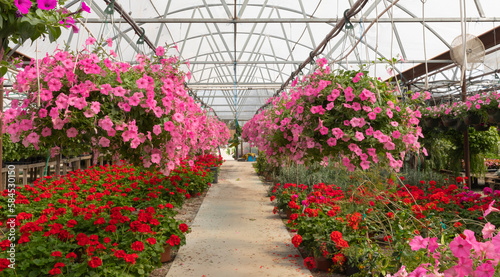 Nursery. Beautiful garden shop ready for business. A row of plants offered for sale.