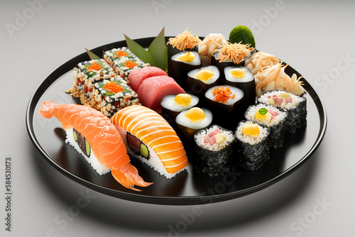 Japanese sushi set. set of fresh tuna maki, salmon nigiri, and dragon sushi rolls, Generative AI