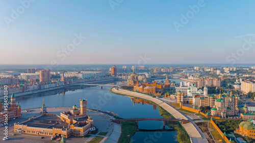 Yoshkar-Ola  Russia. City center in the morning light. Embankment of the river Malaya Kokshaga  Aerial View