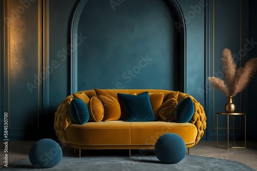 Living room or buisness hall lounge in deep dark colors. Reception of blue and yellow mustard. Empty wall blank navy background plaster stucco texture and ocher sofa. Golden accents photo