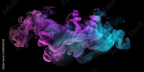 Neon blue and purple multicolored smoke puff cloud design elements on a dark background - generative ai