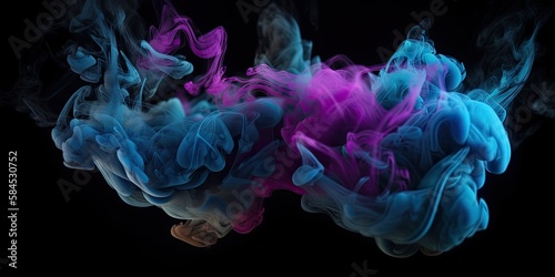 Neon blue and purple multicolored smoke puff cloud design elements on a dark background - generative ai