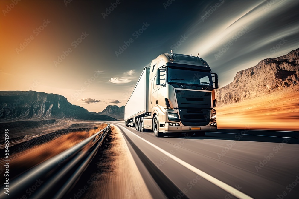 Logistic truck carrying goods on the road. Transportation, supply chain and shipping concept. Generative AI