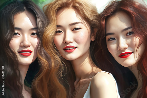 Group of smiling red lipstick beautiful Asian girls looking at the camera. Generative AI