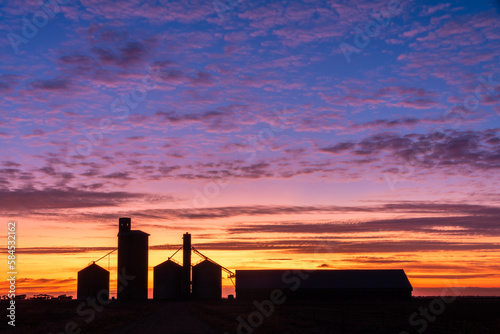 Colours of Dawn behind the Silhouettes of silos in a rural setting