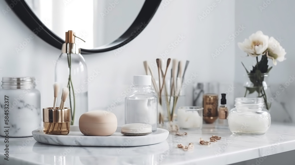 An elegant makeup brush, a bottle of perfume, unite to form a scene of feminine elegance, composed by generative AI An elegant makeup brush, a bottle of perfume, unite to form a scene of feminine elegance, composed by generative AI