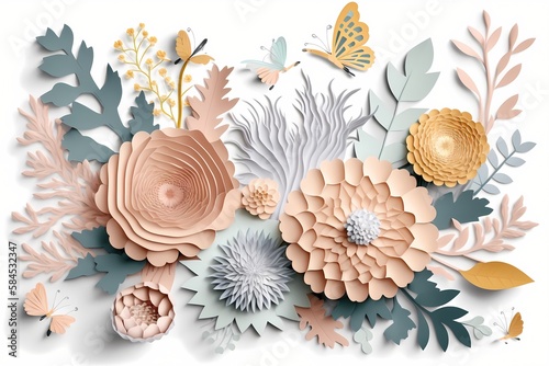 3d render, abstract cut palp er flowers isolated on white, botanical background, festive floral arrangement. Rose, daisy, dahlia, butterfly