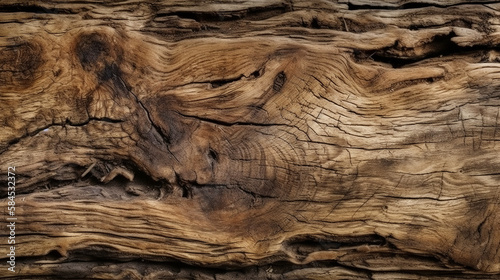 Close-up of a brown wood texture, rich in natural patterns and grooves, providing an organic and rustic background for graphic design, generative ai.
