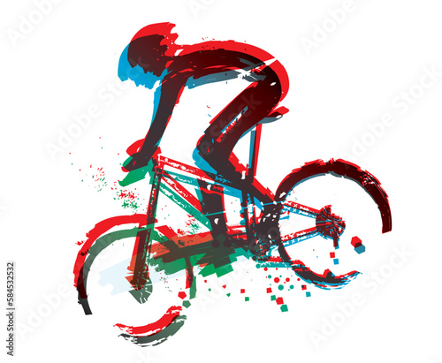
Mountain biker in full speed, racer.
Expressive  stylized colorful illustration of mountain bike cyclist. Vector available.