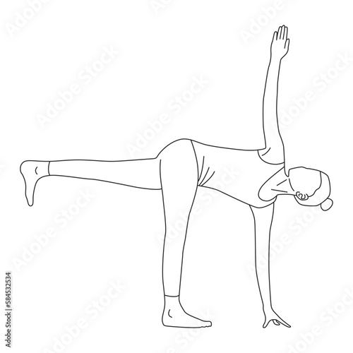 Line art of woman doing Yoga in Revolved Half Moon Pose vector.