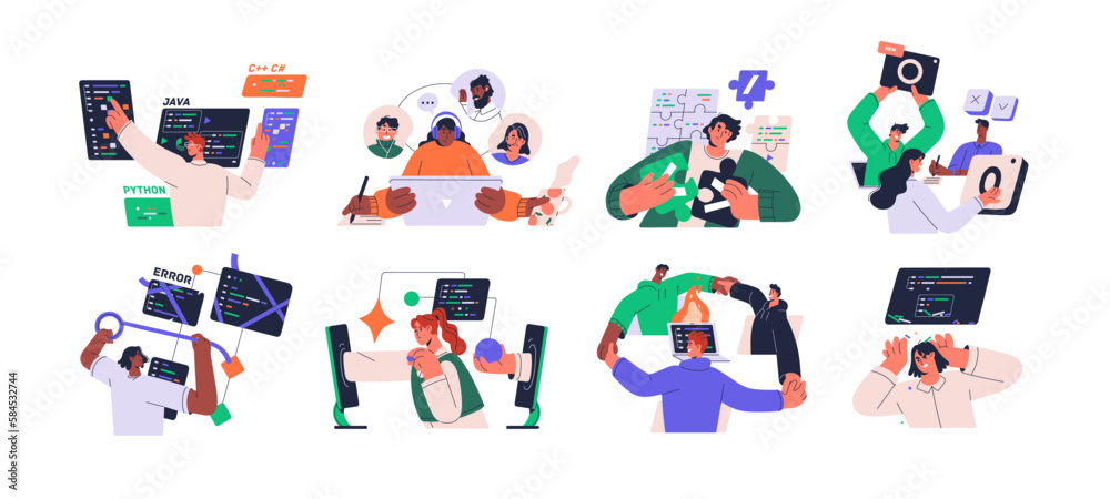 Coders, software engineers set. Information technology, backend program development concept. Programmers work, developing and testing code. Flat vector illustrations isolated on white background