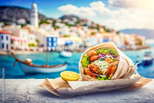 Delicious gyros on background of a white greek city on Cyclades island. AI generative photo